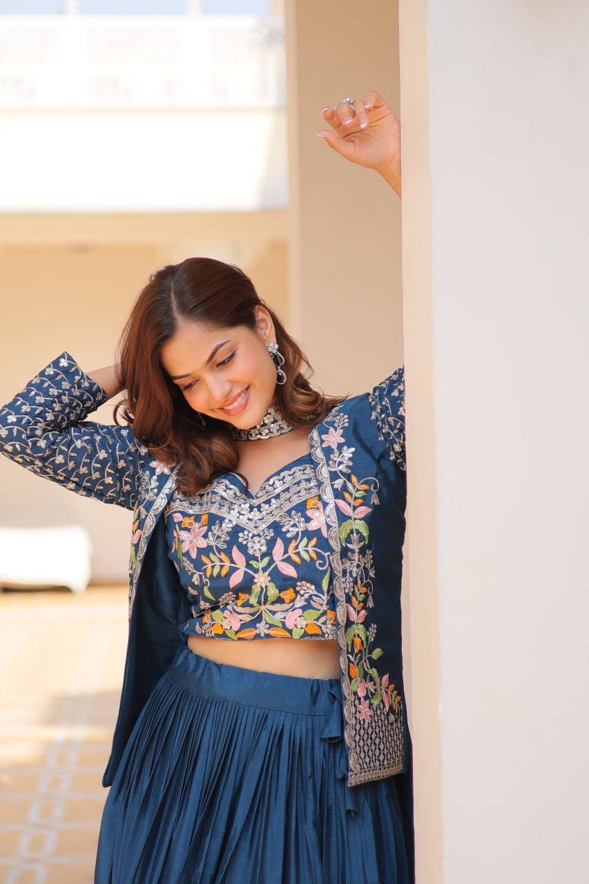 Marriage Special Chinon Wine & Teal Blue Color Lehenga Choli With Koti