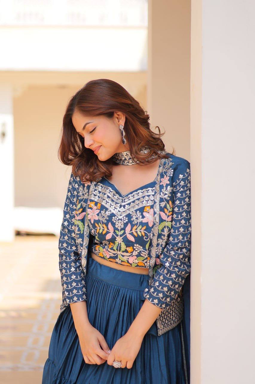 Marriage Special Chinon Wine & Teal Blue Color Lehenga Choli With Koti