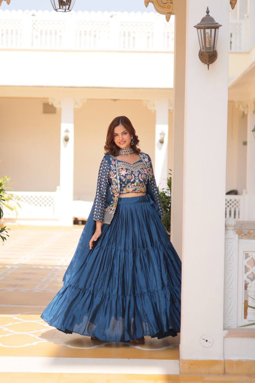 Marriage Special Chinon Wine & Teal Blue Color Lehenga Choli With Koti