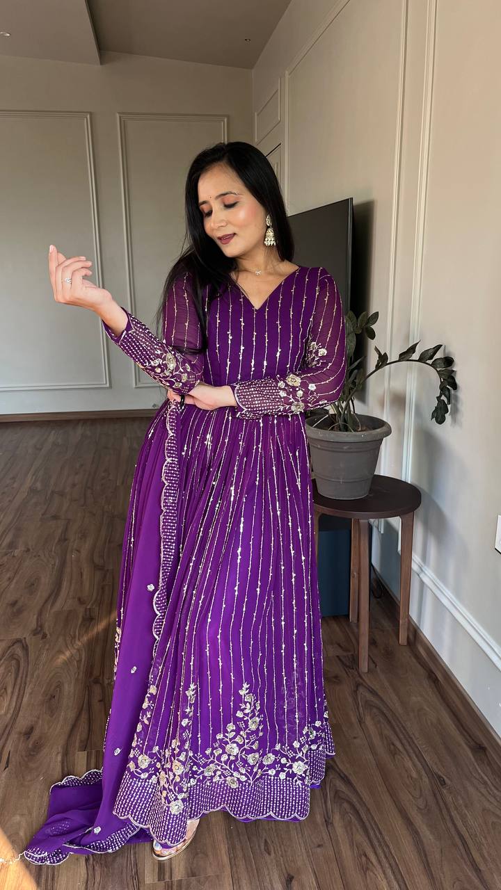 Delightful Embroidery Work Purple & Pink Color Gown
