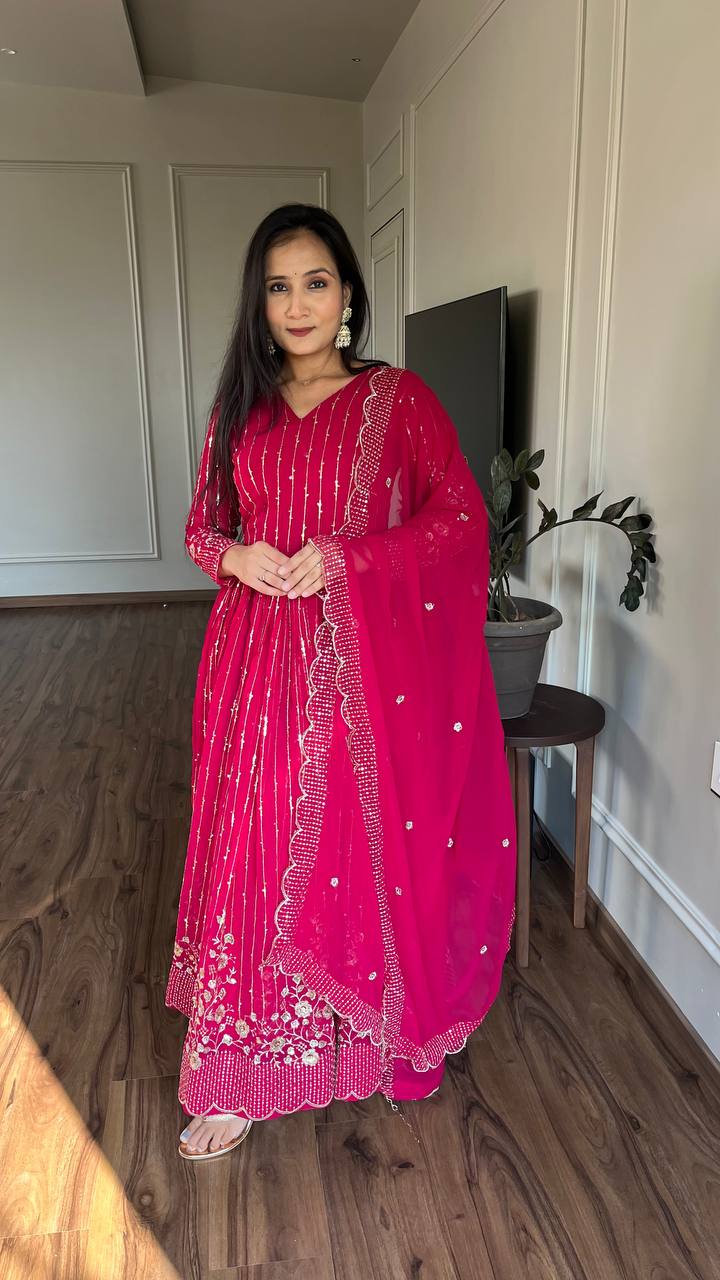 Delightful Embroidery Work Purple & Pink Color Gown
