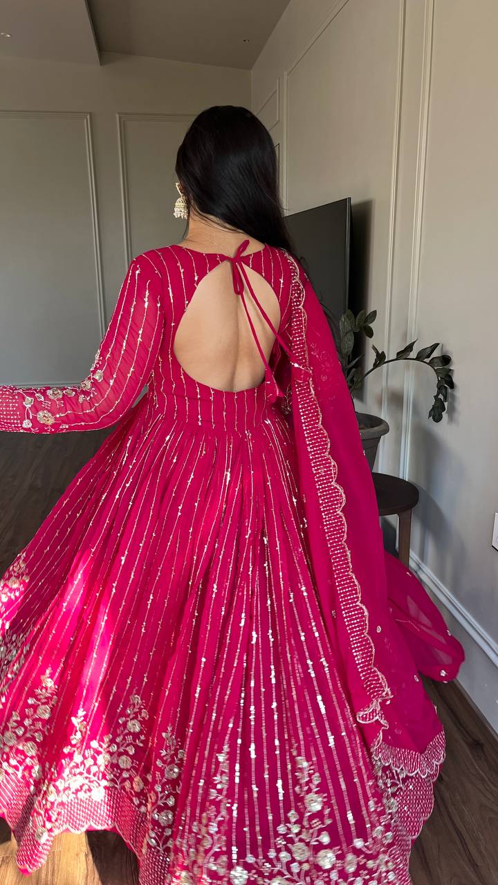Delightful Embroidery Work Purple & Pink Color Gown
