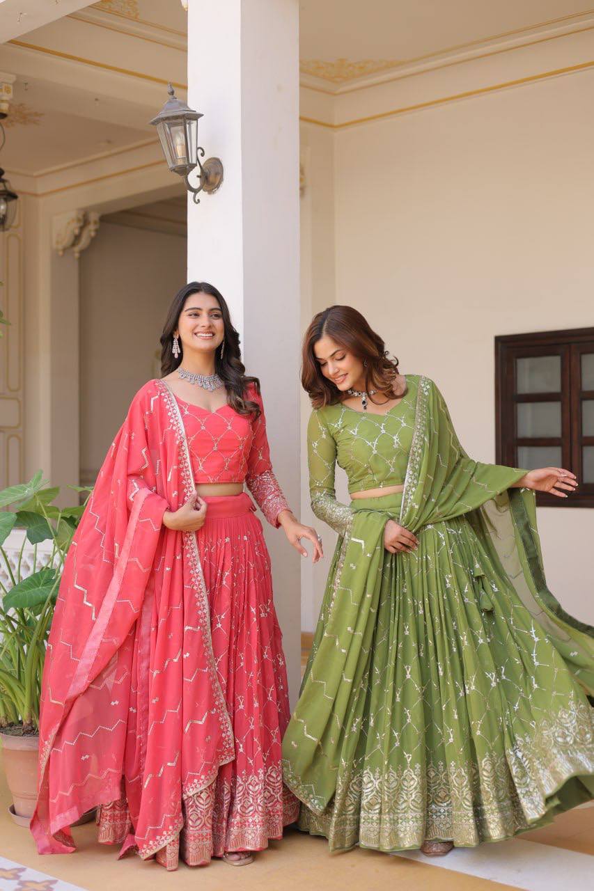 Lovely Perrot & Pink Color Georgette Lehenga Choli