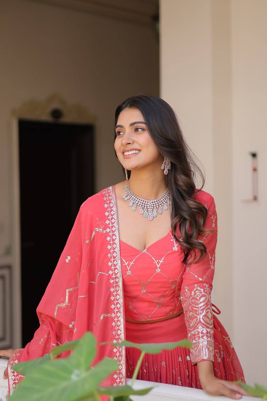 Lovely Perrot & Pink Color Georgette Lehenga Choli