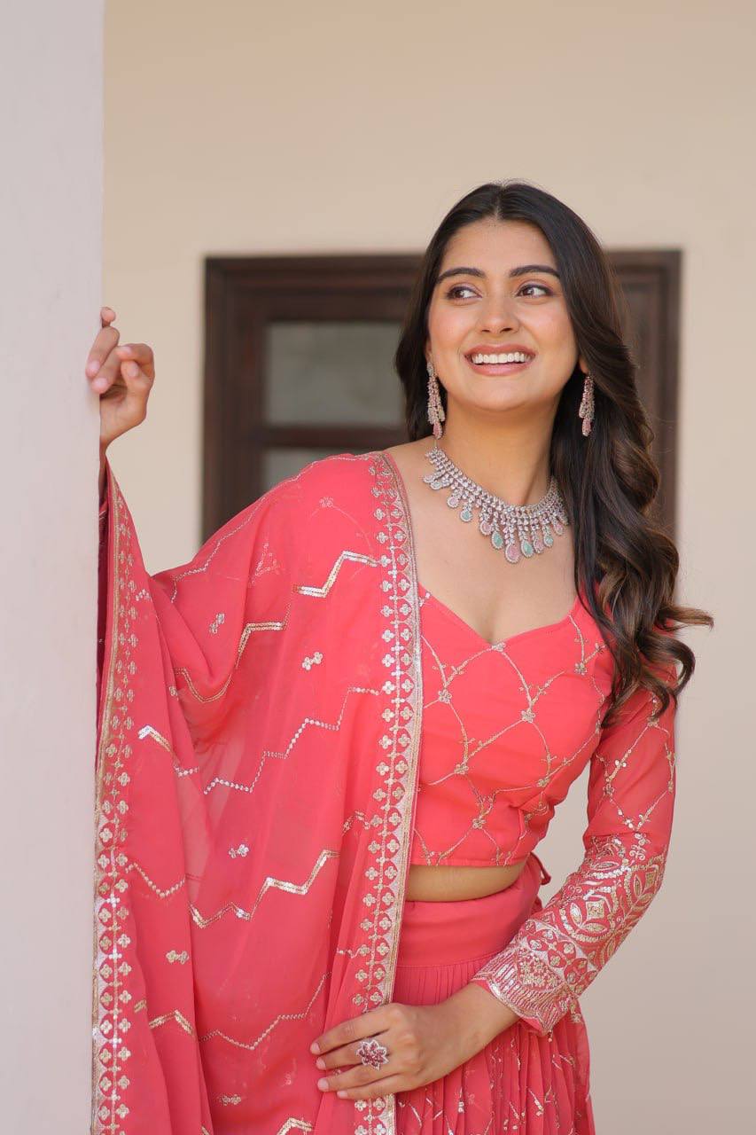 Lovely Perrot & Pink Color Georgette Lehenga Choli