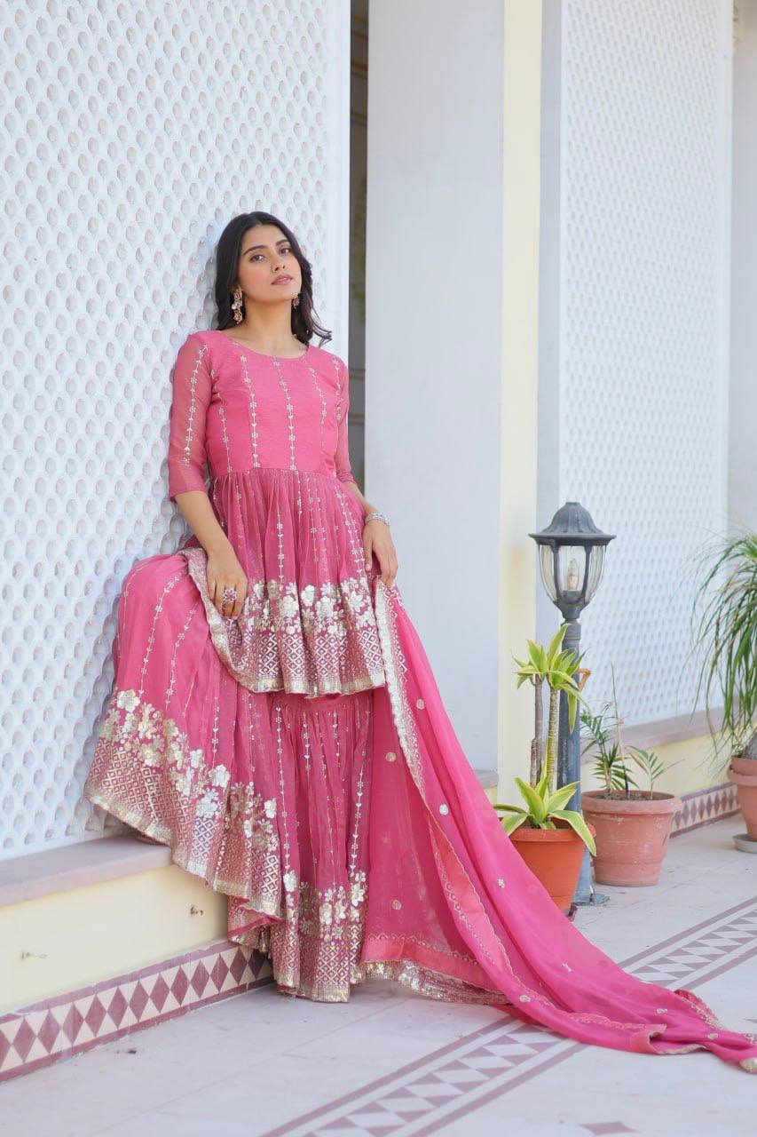 Mesmerizing Sequence Work Pink And Mustard Color Top With Sharara Suit