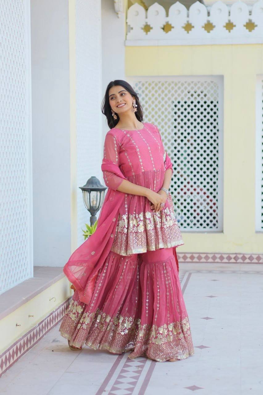 Mesmerizing Sequence Work Pink And Mustard Color Top With Sharara Suit