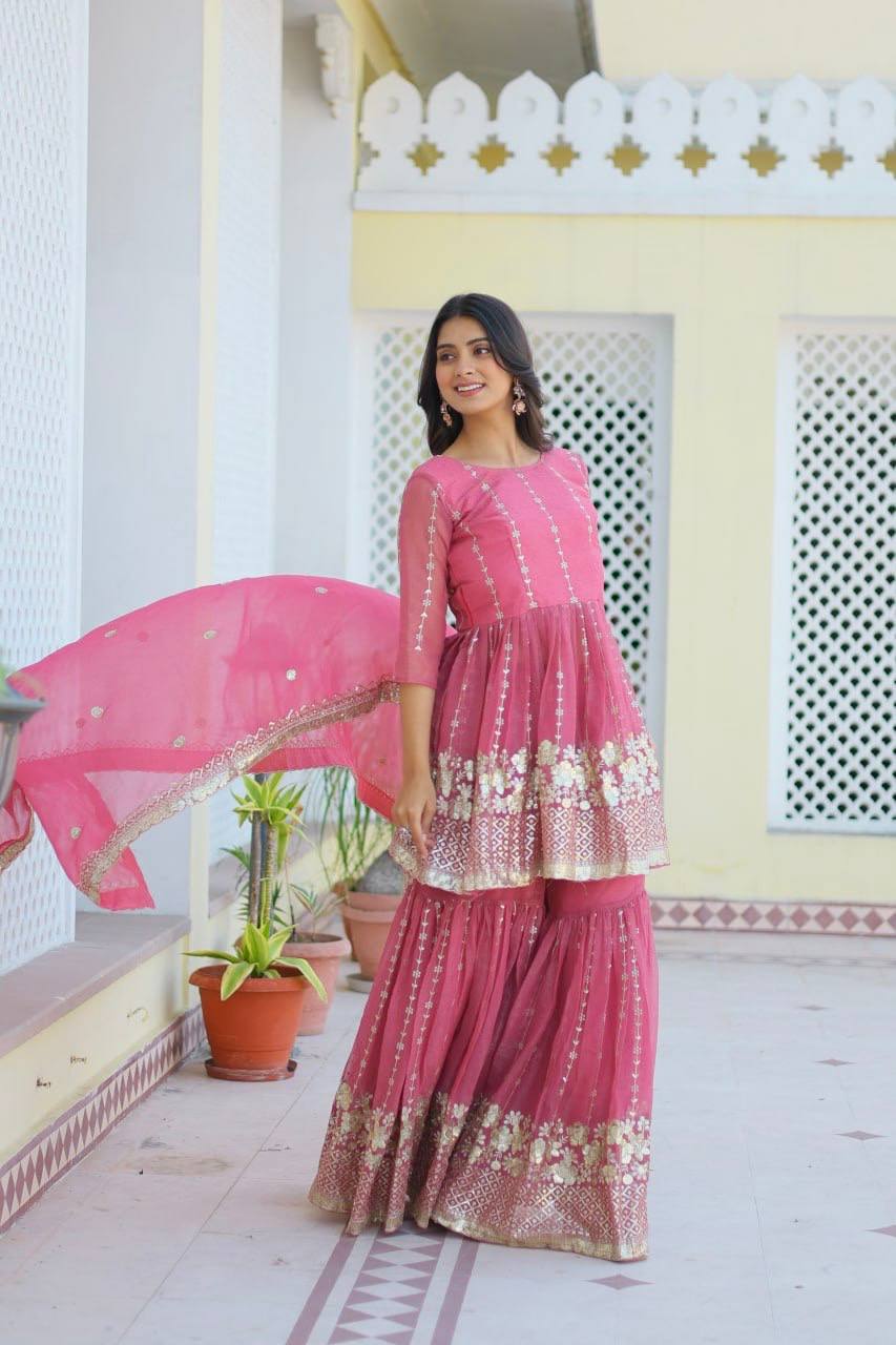Mesmerizing Sequence Work Pink And Mustard Color Top With Sharara Suit