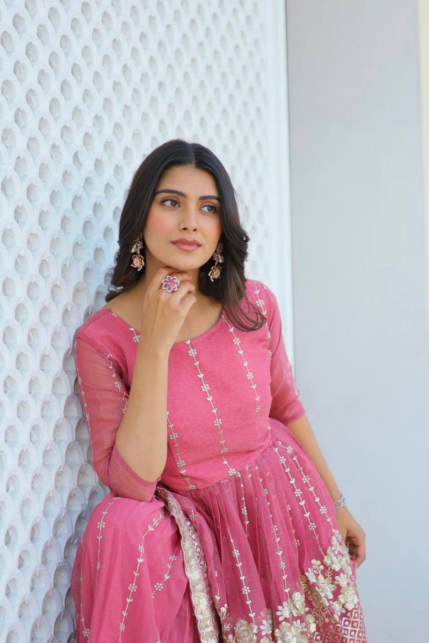 Mesmerizing Sequence Work Pink And Mustard Color Top With Sharara Suit