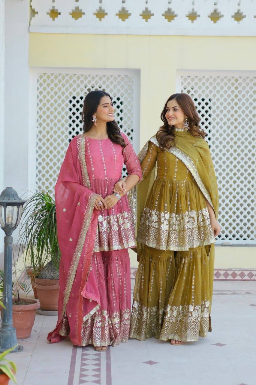 Mesmerizing Sequence Work Pink And Mustard Color Top With Sharara Suit
