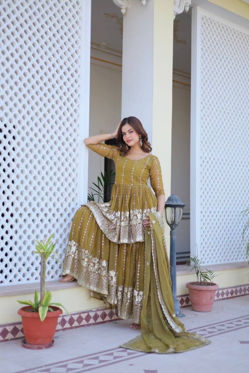 Mesmerizing Sequence Work Pink And Mustard Color Top With Sharara Suit