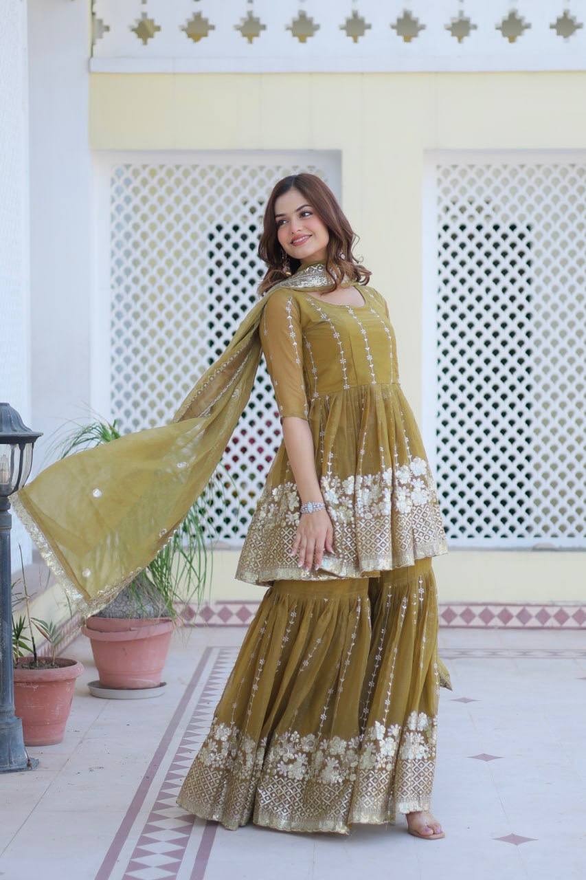 Mesmerizing Sequence Work Pink And Mustard Color Top With Sharara Suit