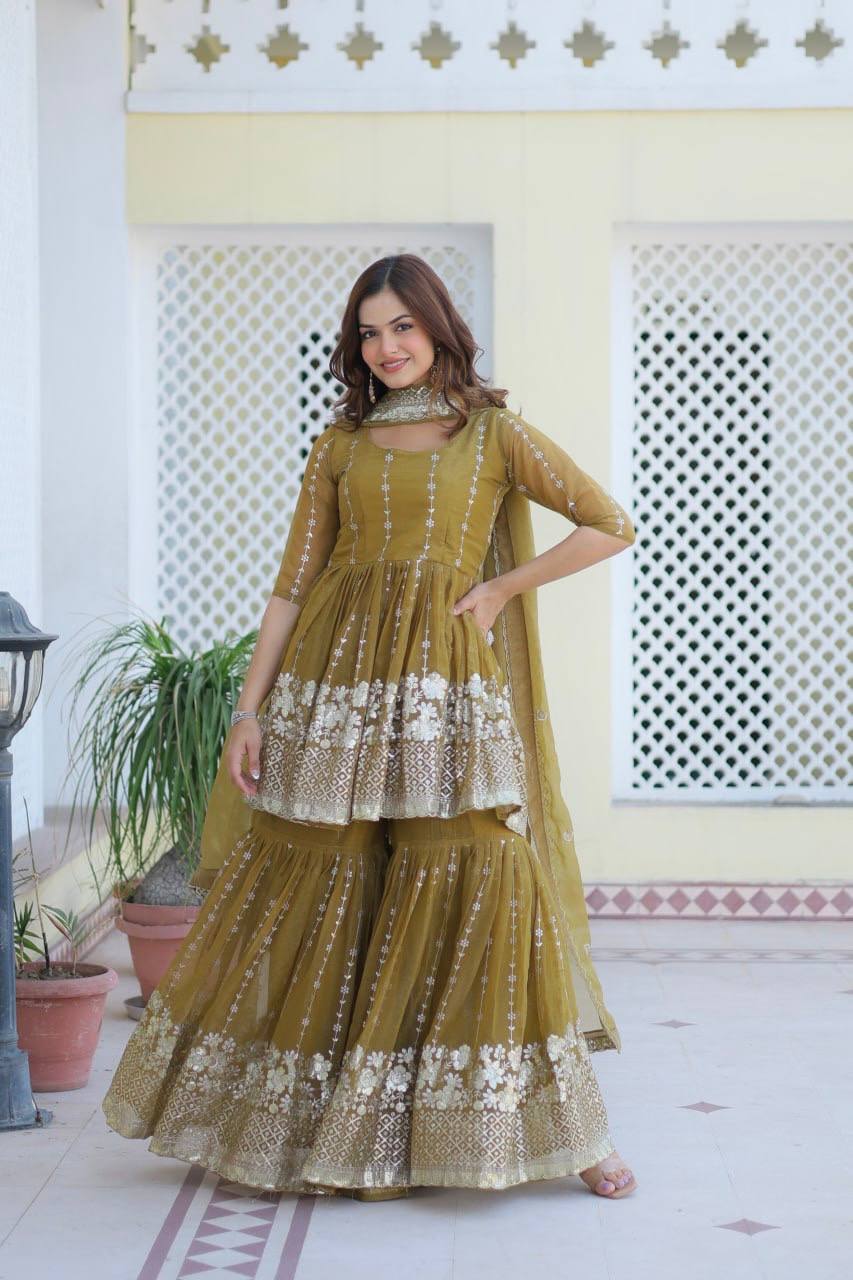 Mesmerizing Sequence Work Pink And Mustard Color Top With Sharara Suit