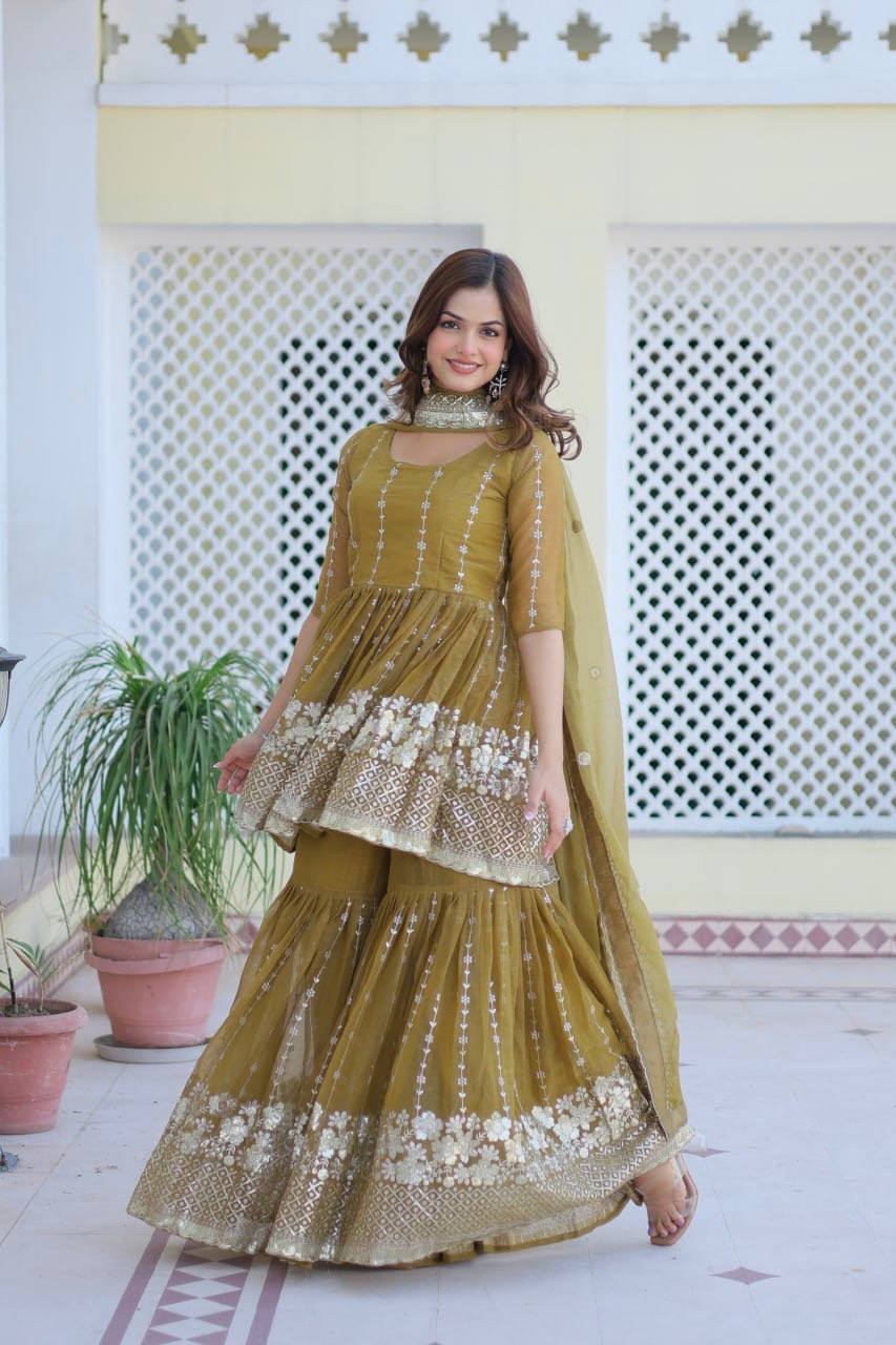 Mesmerizing Sequence Work Pink And Mustard Color Top With Sharara Suit