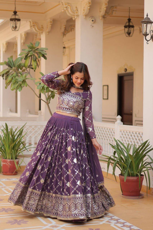 Admiring Embroidery Work Purple & Mehndi Color Lehenga Choli