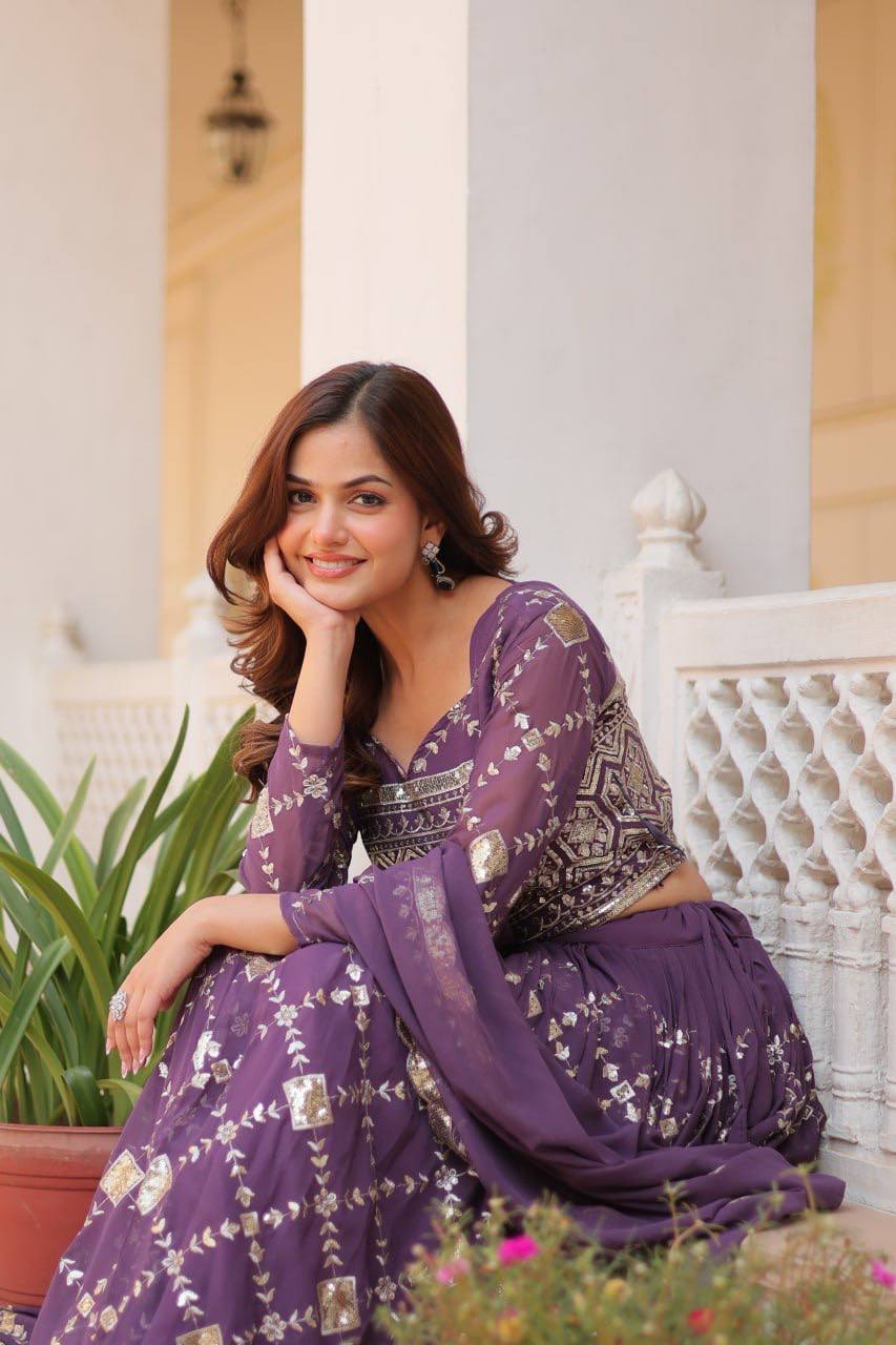 Admiring Embroidery Work Purple & Mehndi Color Lehenga Choli