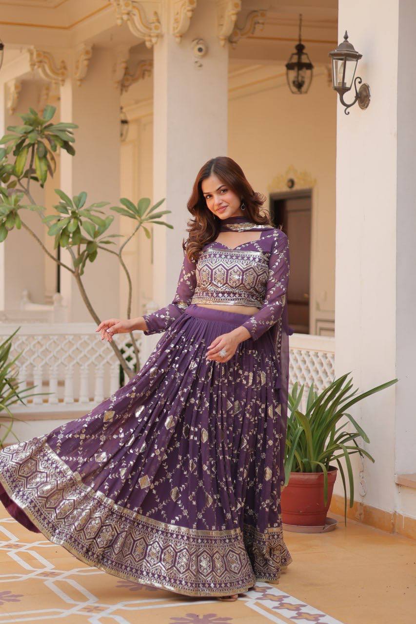 Admiring Embroidery Work Purple & Mehndi Color Lehenga Choli