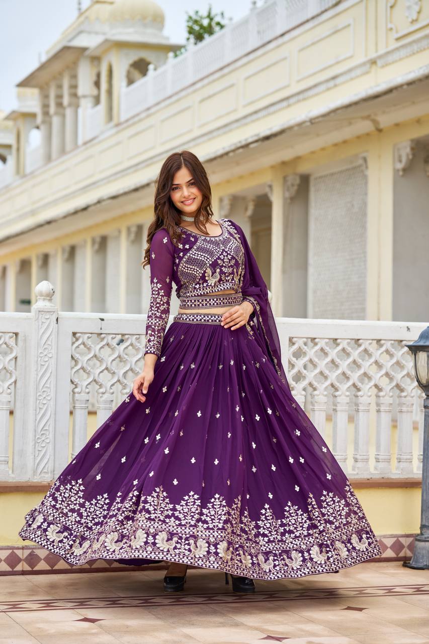 Imposing Sequence Work With Belt Purple & Brown Color Lehenga Choli