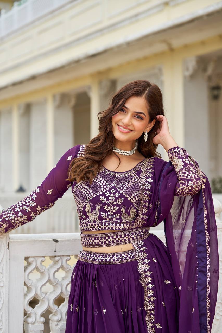 Imposing Sequence Work With Belt Purple & Brown Color Lehenga Choli