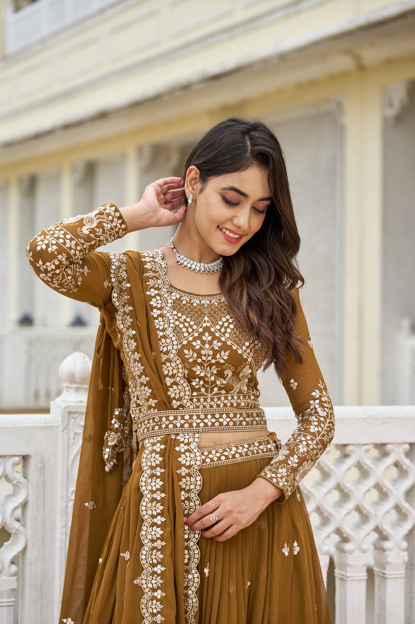 Imposing Sequence Work With Belt Purple & Brown Color Lehenga Choli