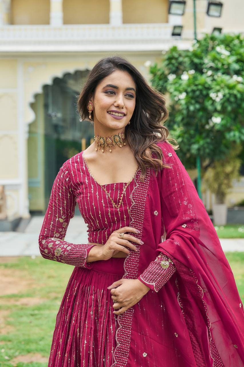 Fantastic Georgette Wine & Pink Color Lehenga Choli