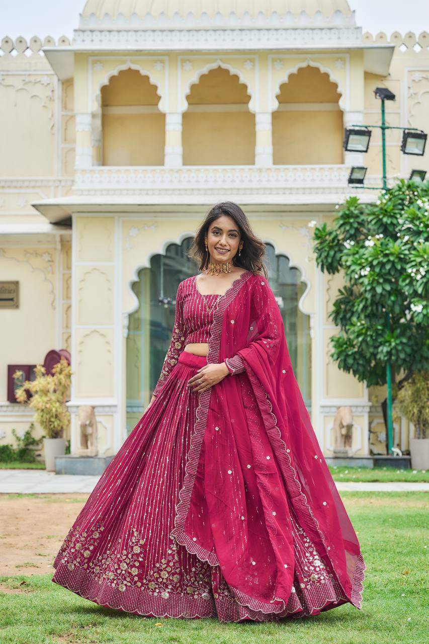 Fantastic Georgette Wine & Pink Color Lehenga Choli
