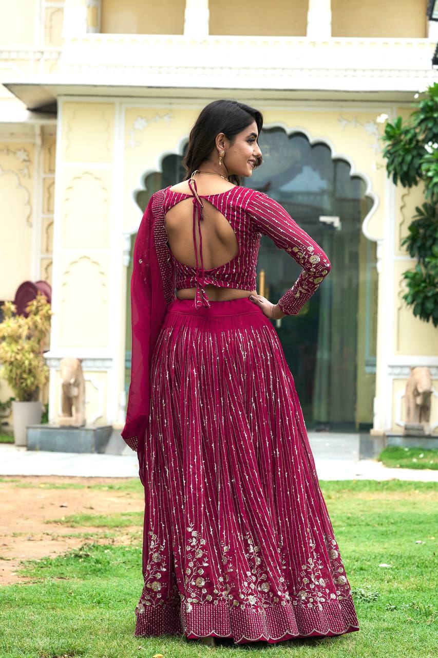 Fantastic Georgette Wine & Pink Color Lehenga Choli