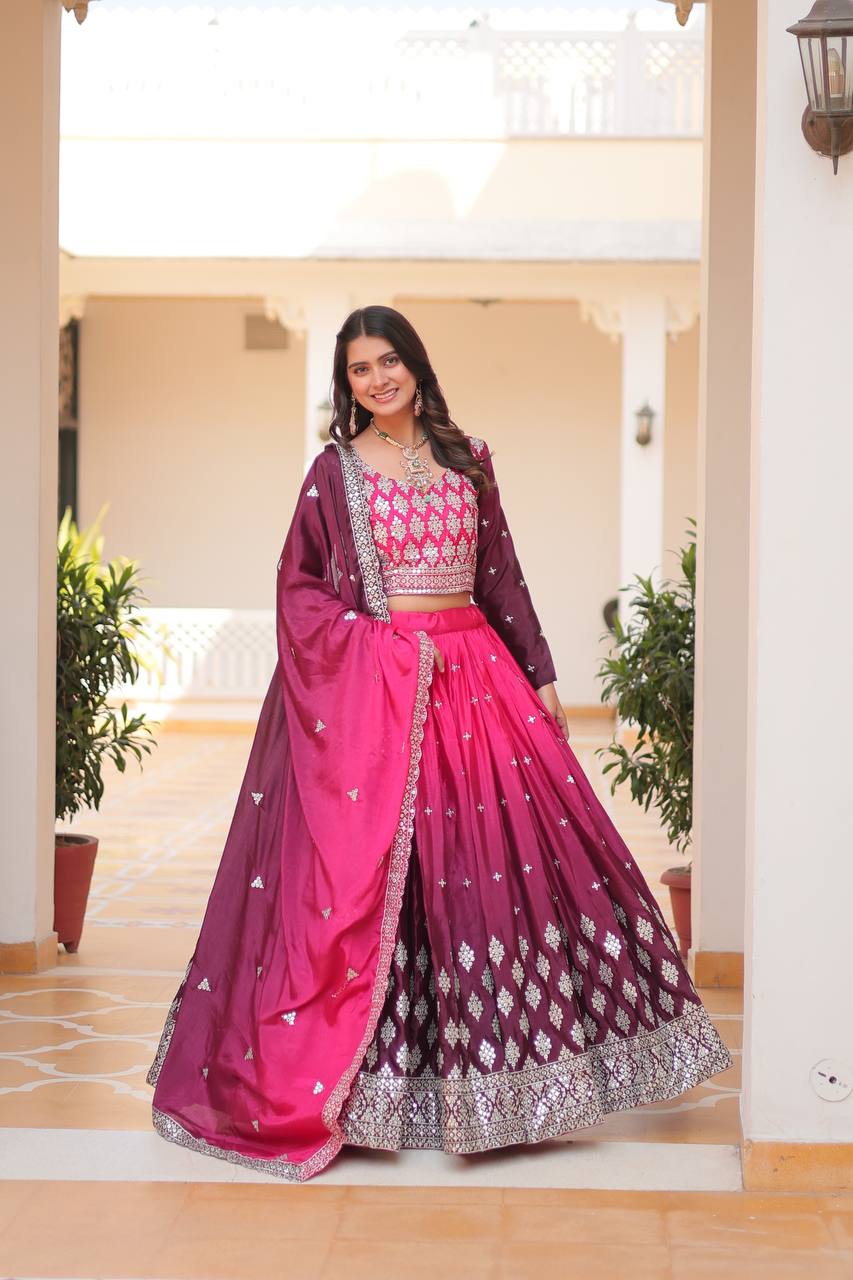 Shining Chinon Pink & Yellow Color Lehenga Choli