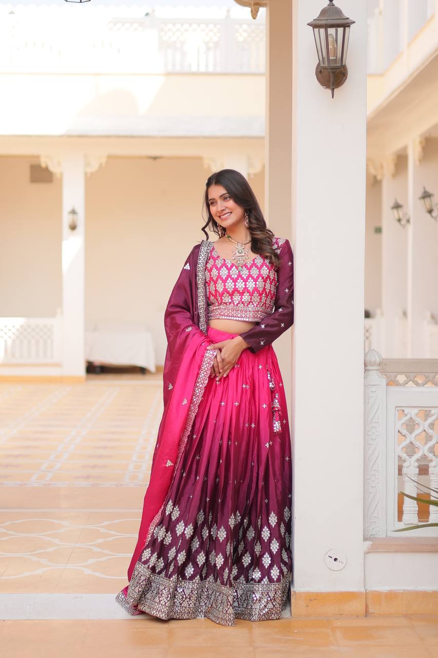 Shining Chinon Pink & Yellow Color Lehenga Choli