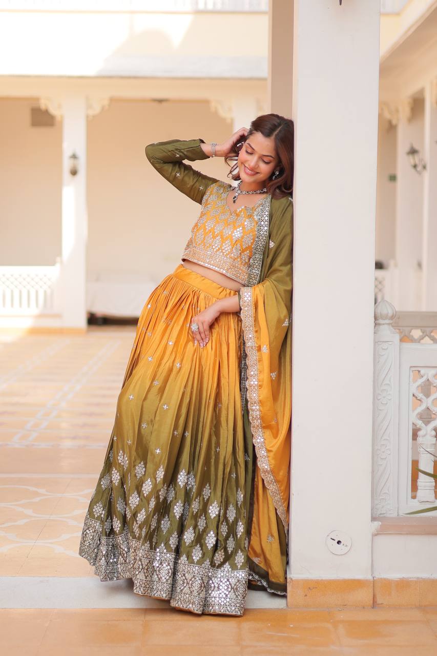 Shining Chinon Pink & Yellow Color Lehenga Choli