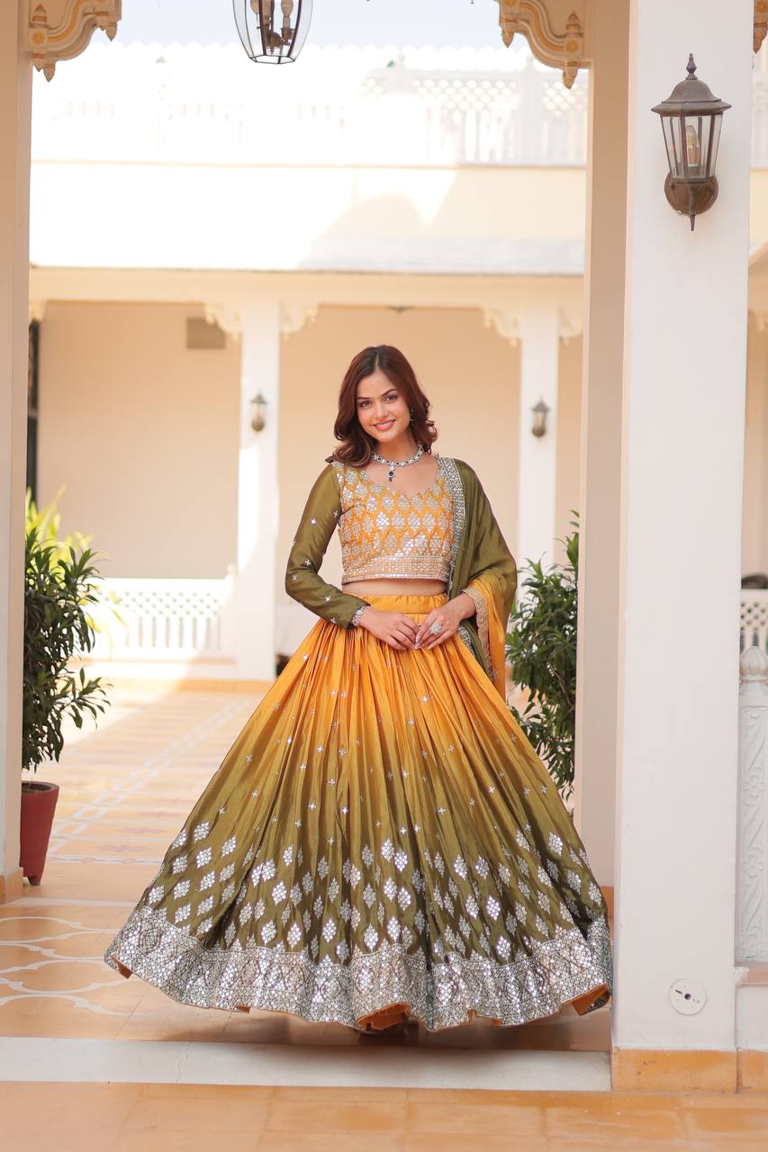 Shining Chinon Pink & Yellow Color Lehenga Choli