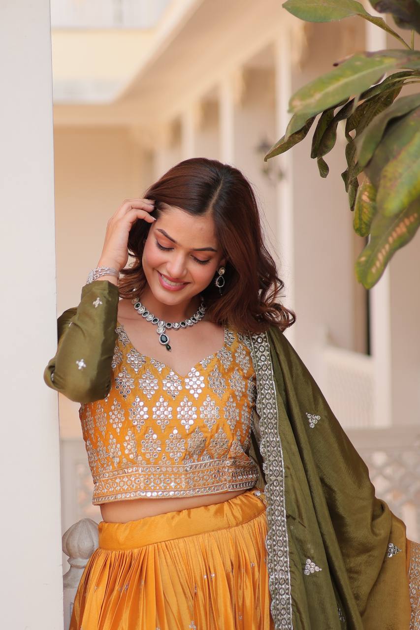 Shining Chinon Pink & Yellow Color Lehenga Choli