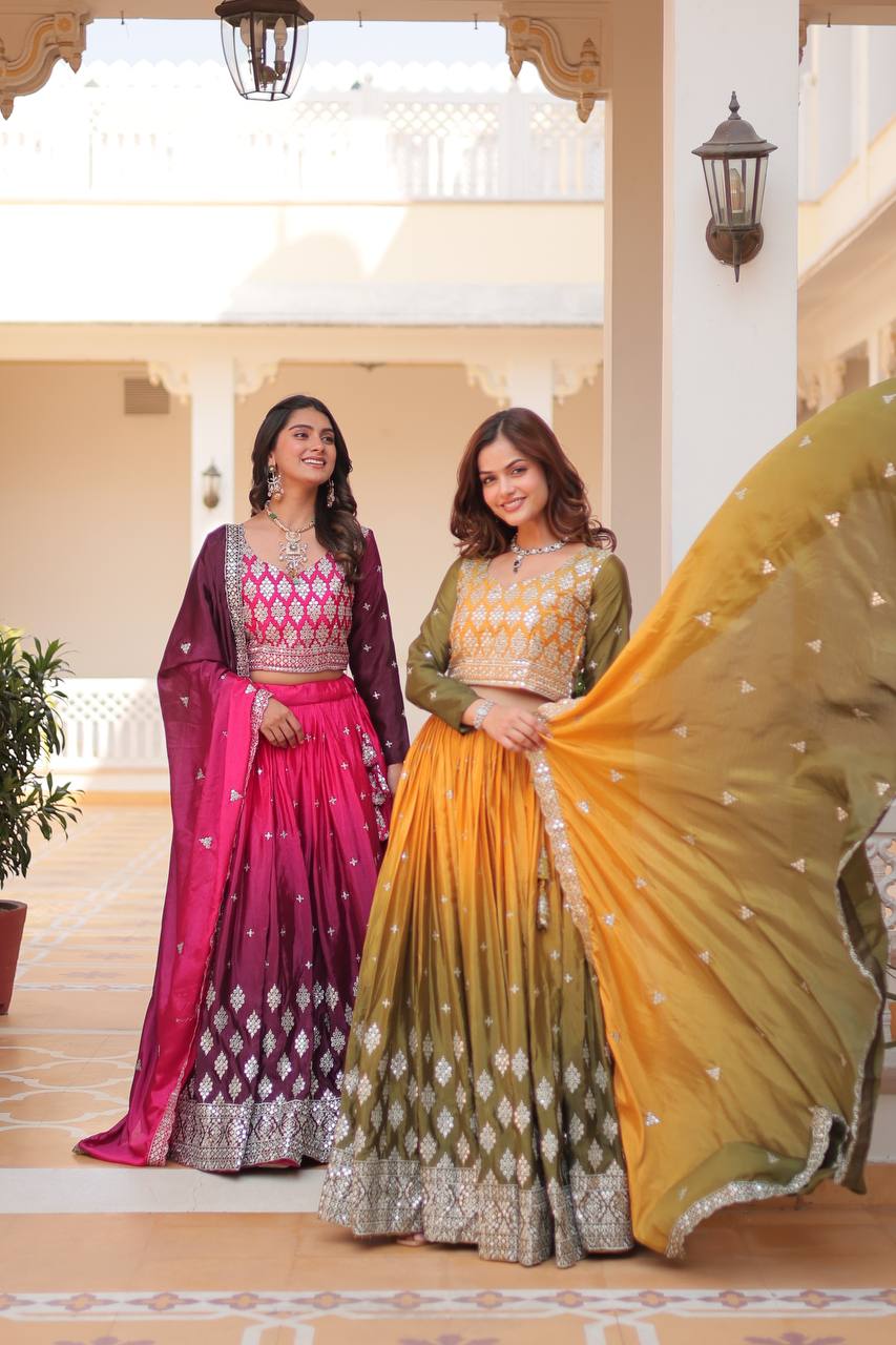 Shining Chinon Pink & Yellow Color Lehenga Choli