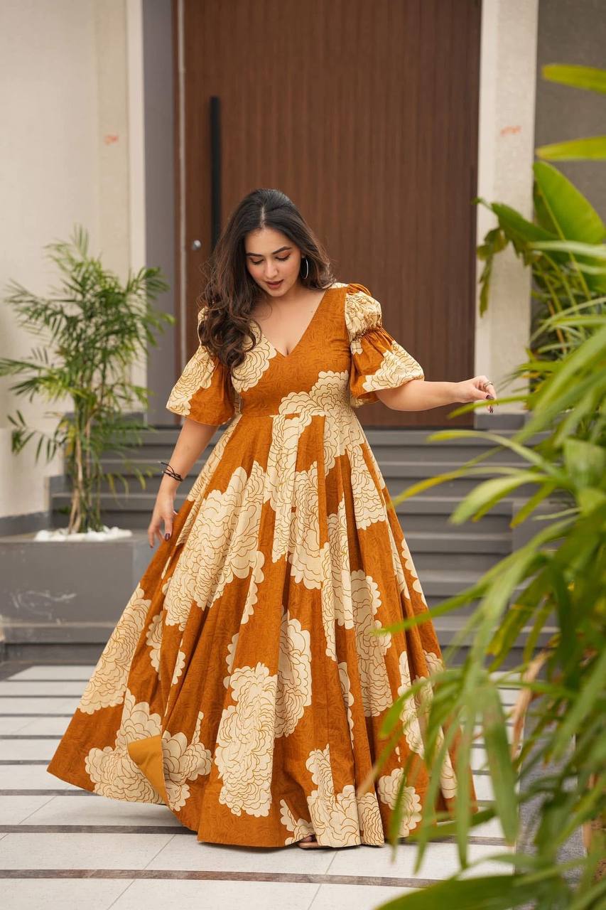 Stylish Digital Print Orange Color Gown TD-6045