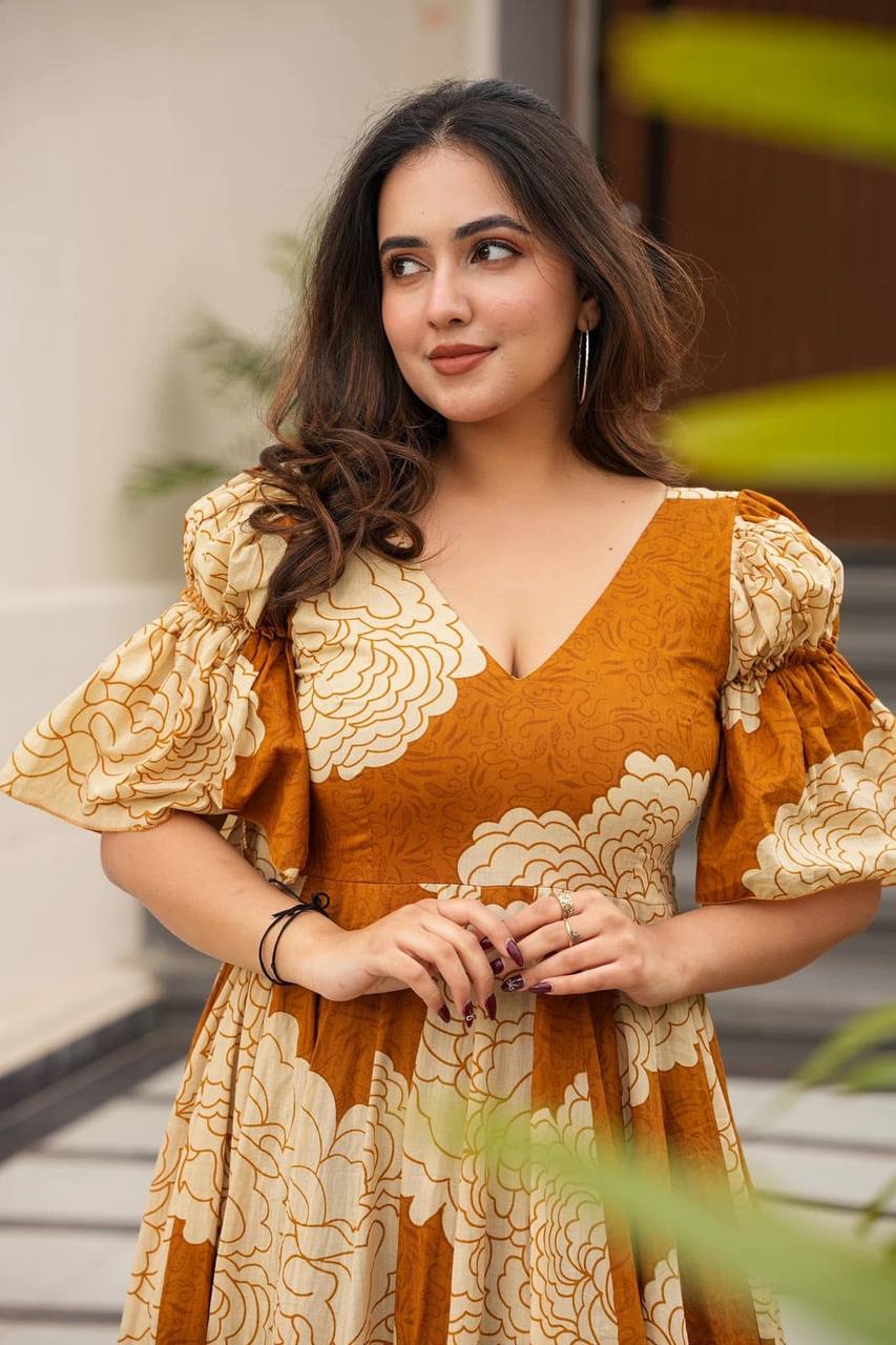 Stylish Digital Print Orange Color Gown TD-6045