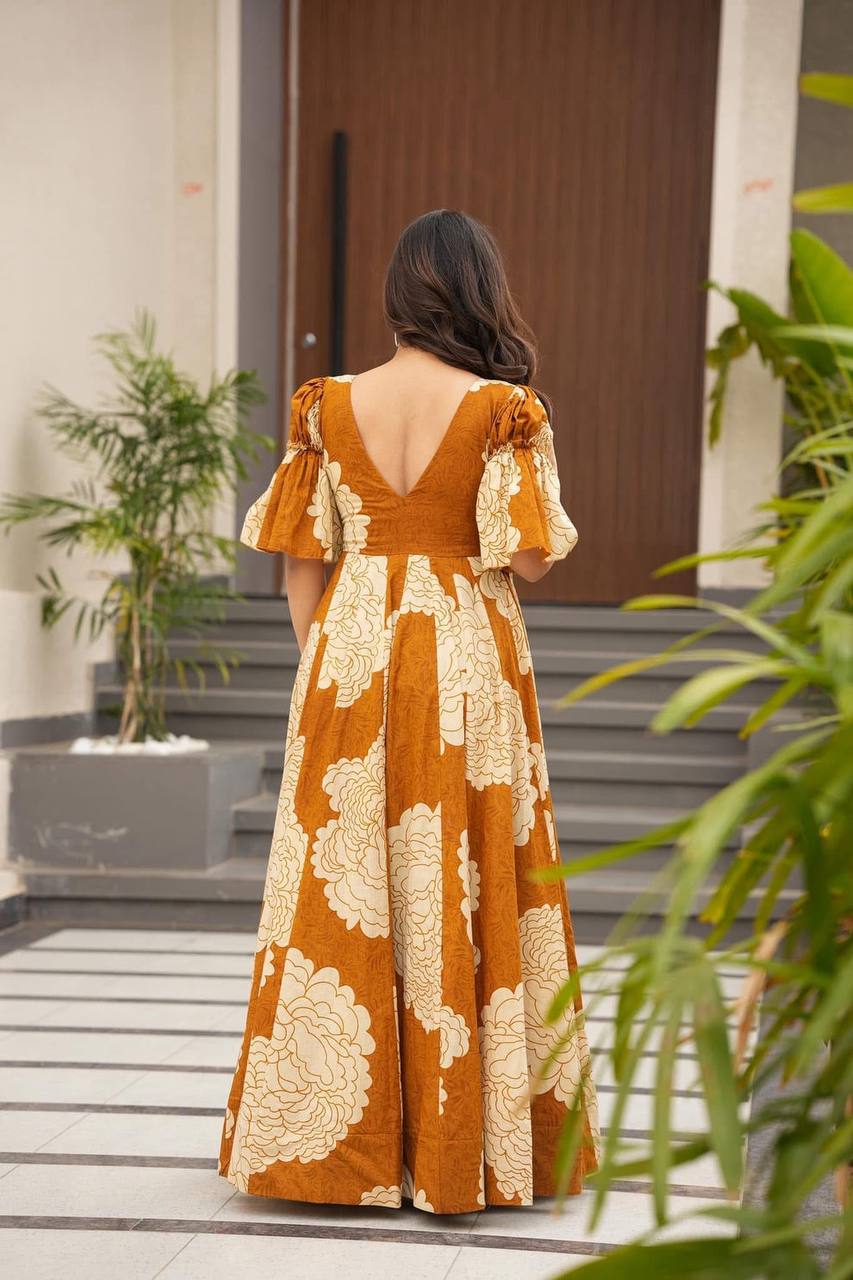 Stylish Digital Print Orange Color Gown TD-6045