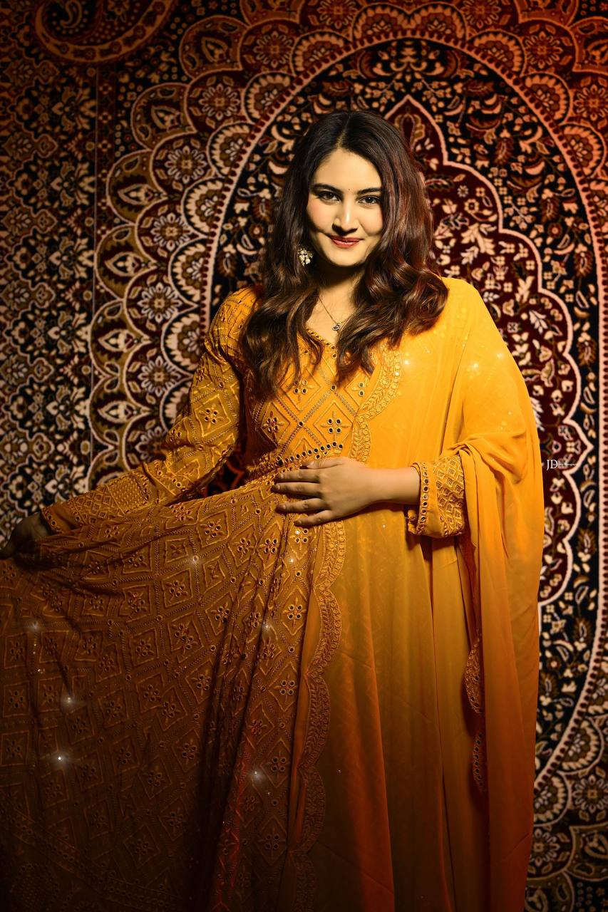 Glimmering Sequins Work Mustard Color Gown TD-6042