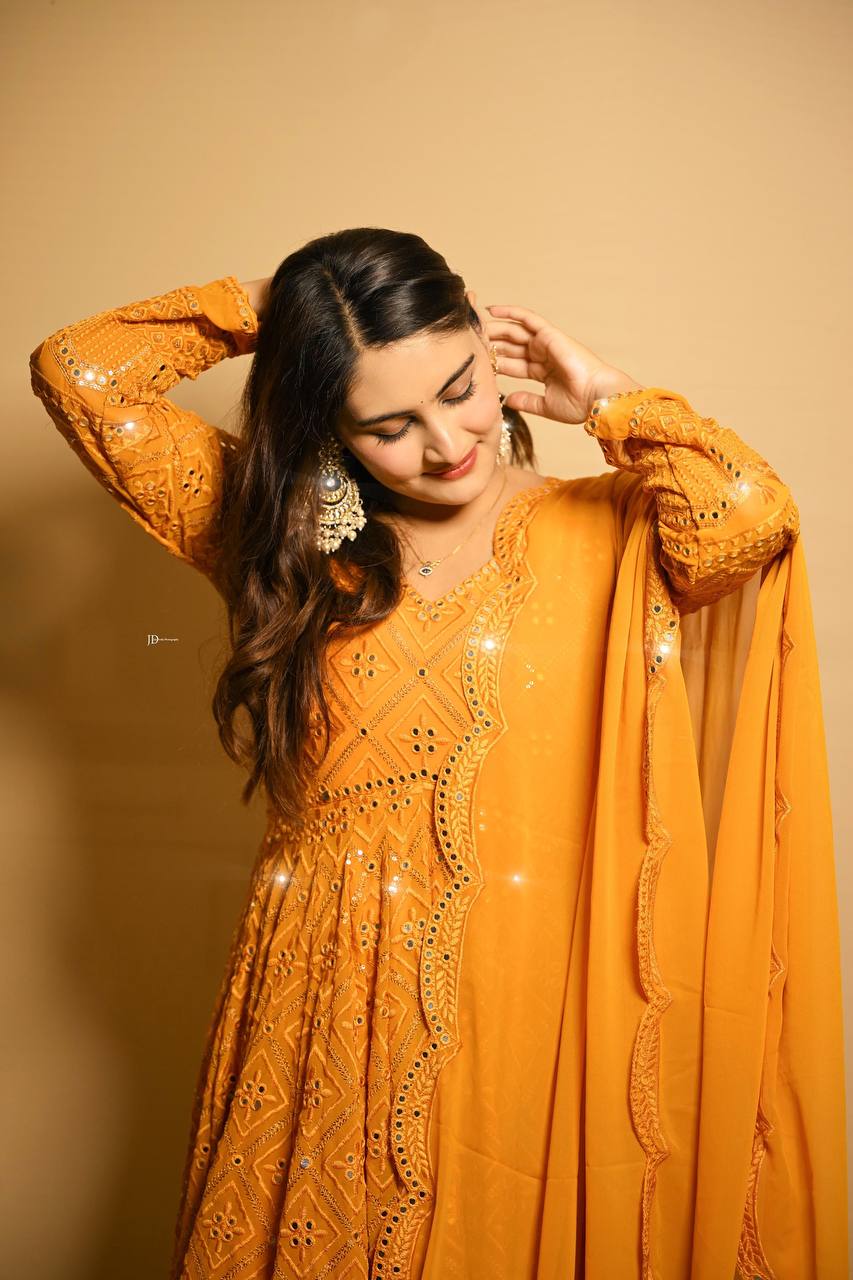 Glimmering Sequins Work Mustard Color Gown TD-6042