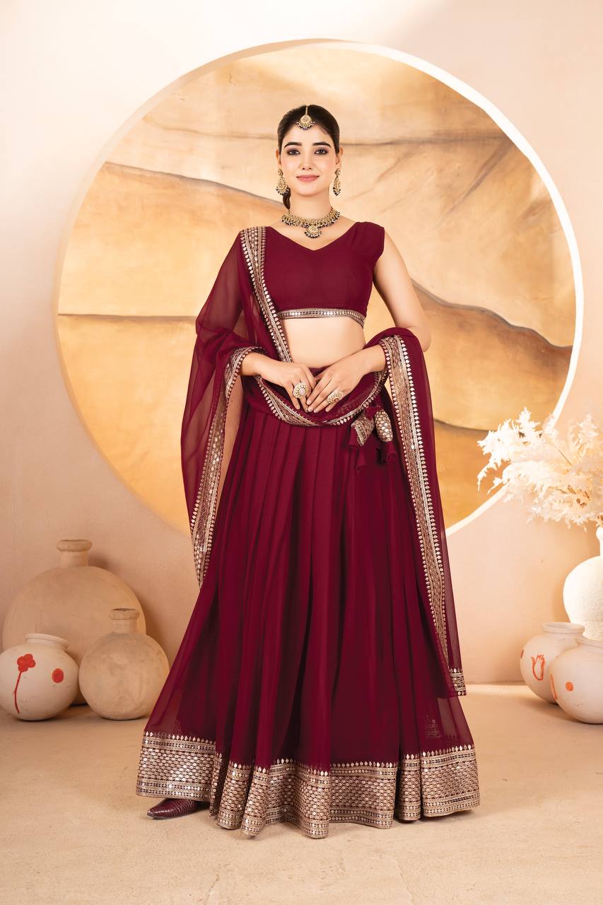 Demanding Embroidered Work Maroon, Wine & Pink Color Lehenga Choli TD-6055