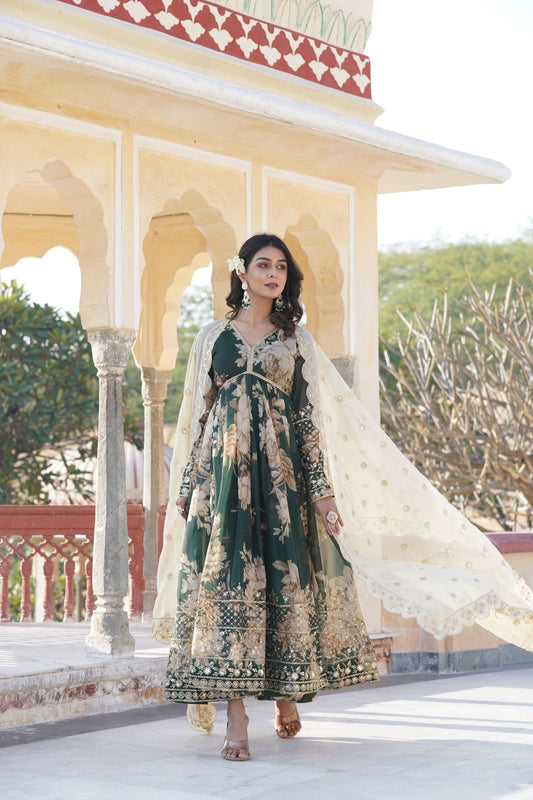 Delightful Digital Printed Green Color Anarkali Gown