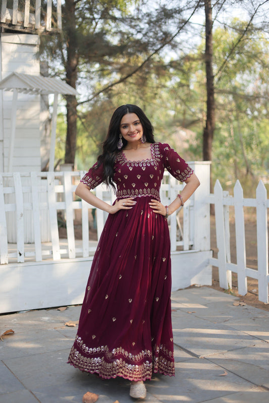 Wedding Wear Embroidery Work Maroon Color Gown