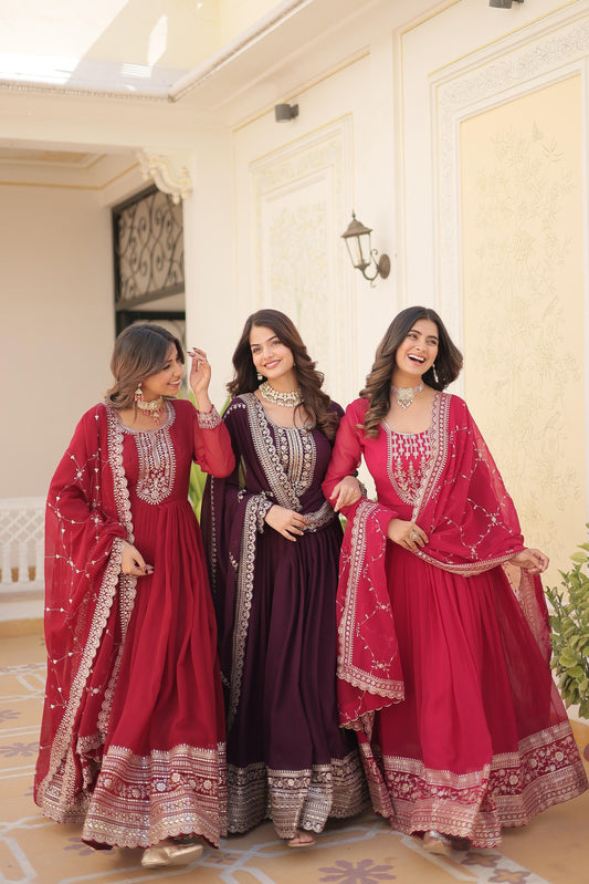 Ravishing Embroidered Work Maroon, Wine & Pink Color Gown