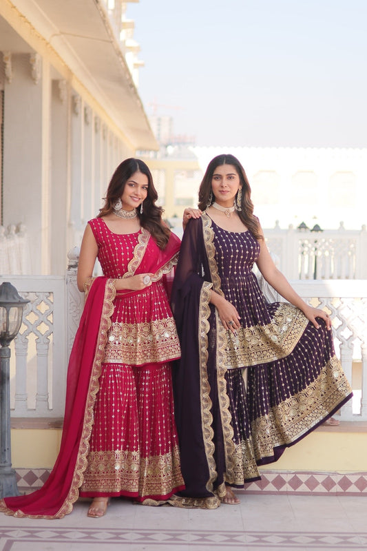 Unique Faux Georgette Purple & Pink Color Top With Sharara Suit