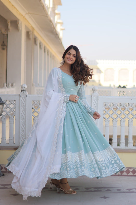Stunning Sky Blue Color Georgette Anarkali Gown