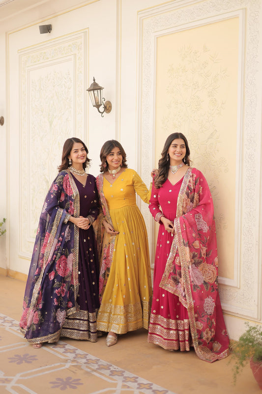 Function Wear Purple, Yellow And Pink Color Faux Georgette Gown