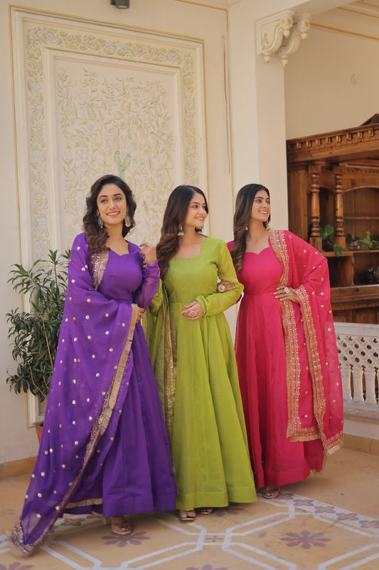 Elegant Russian Silk Purple, Green, Pink & Orange Color Gown
