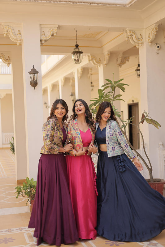 Pretty Chinnon Purple, Pink And Blue Color Lehenga Choli With Koti