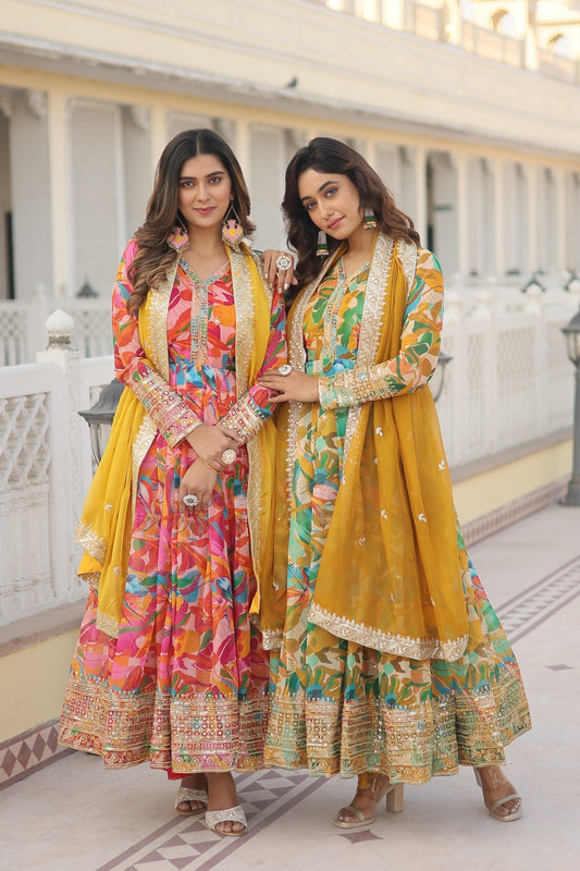 Fantastic Pink And Perrot Multi Digital Printed Gown With Dupatta