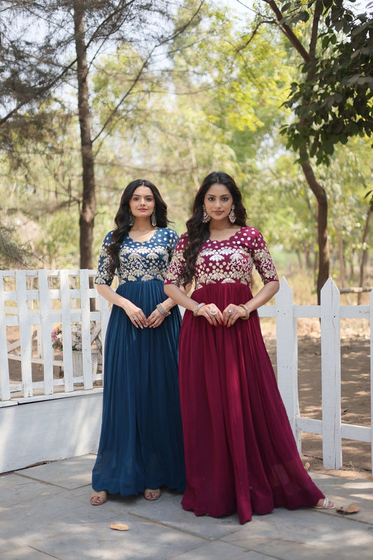 Superhit Zari Sequence Work Teal Blue And Red Color Gown