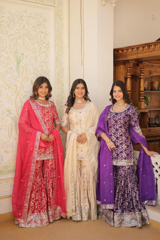 Function Wear Jacquerd Pink, Cream & Purple Color Sharara Suit